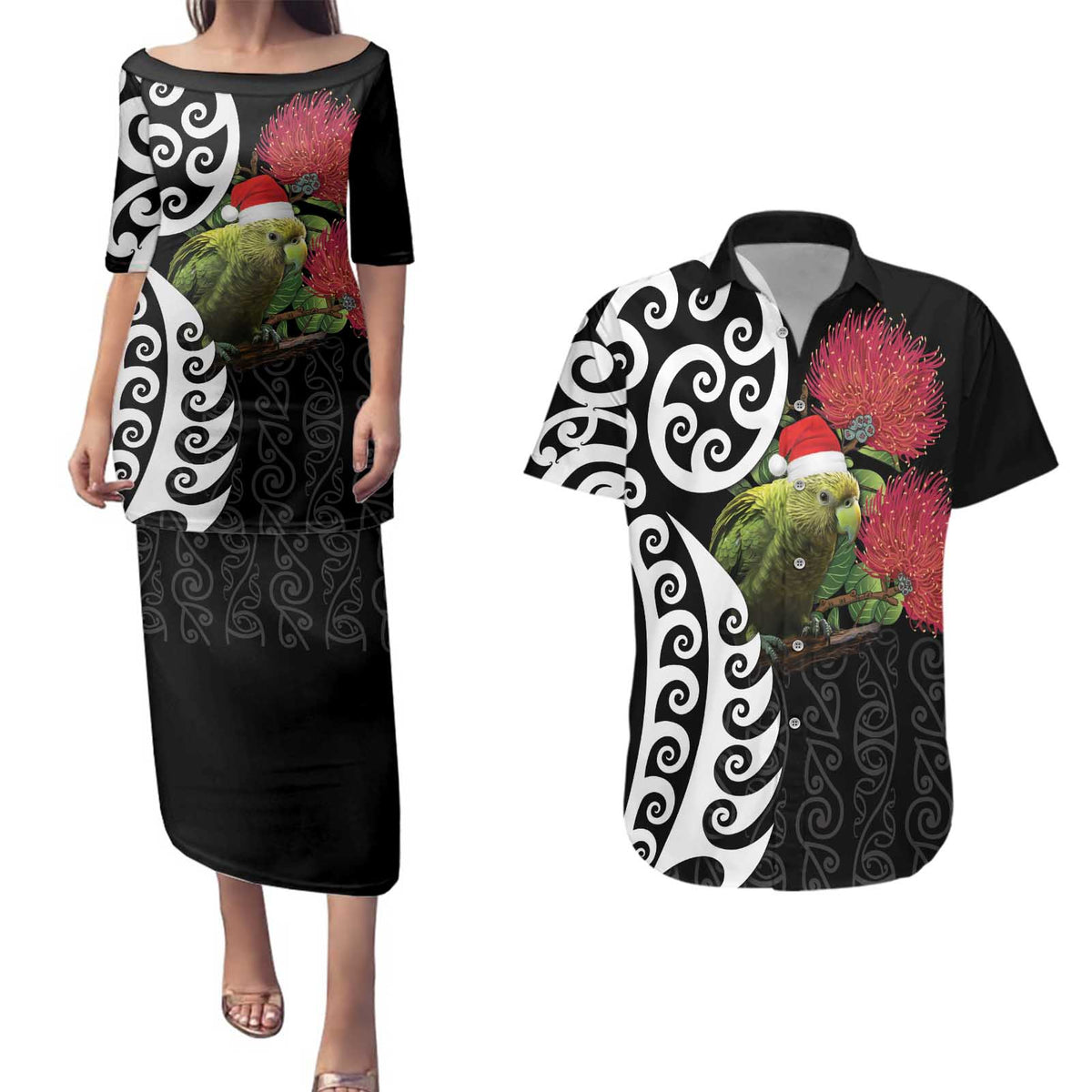 New Zealand Kakapo Christmas Couples Matching Puletasi and Hawaiian Shirt Meri Kirihimete Pohutukawa Flowers LT9 Black - Polynesian Pride