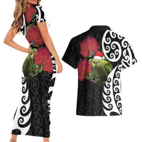 New Zealand Kakapo Christmas Couples Matching Short Sleeve Bodycon Dress and Hawaiian Shirt Meri Kirihimete Pohutukawa Flowers LT9 - Polynesian Pride