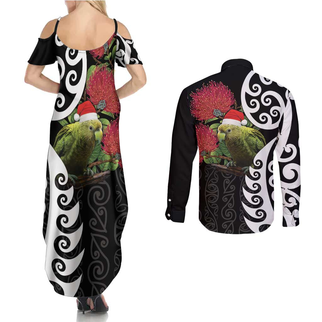 New Zealand Kakapo Christmas Couples Matching Summer Maxi Dress and Long Sleeve Button Shirt Meri Kirihimete Pohutukawa Flowers LT9 - Polynesian Pride