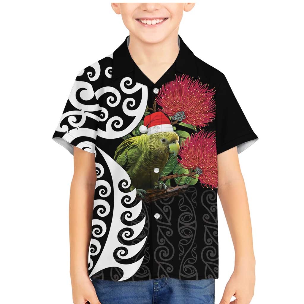New Zealand Kakapo Christmas Family Matching Mermaid Dress and Hawaiian Shirt Meri Kirihimete Pohutukawa Flowers LT9 Son's Shirt Black - Polynesian Pride
