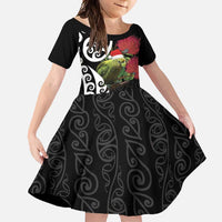New Zealand Kakapo Christmas Family Matching Off Shoulder Maxi Dress and Hawaiian Shirt Meri Kirihimete Pohutukawa Flowers LT9 Daughter's Dress Black - Polynesian Pride