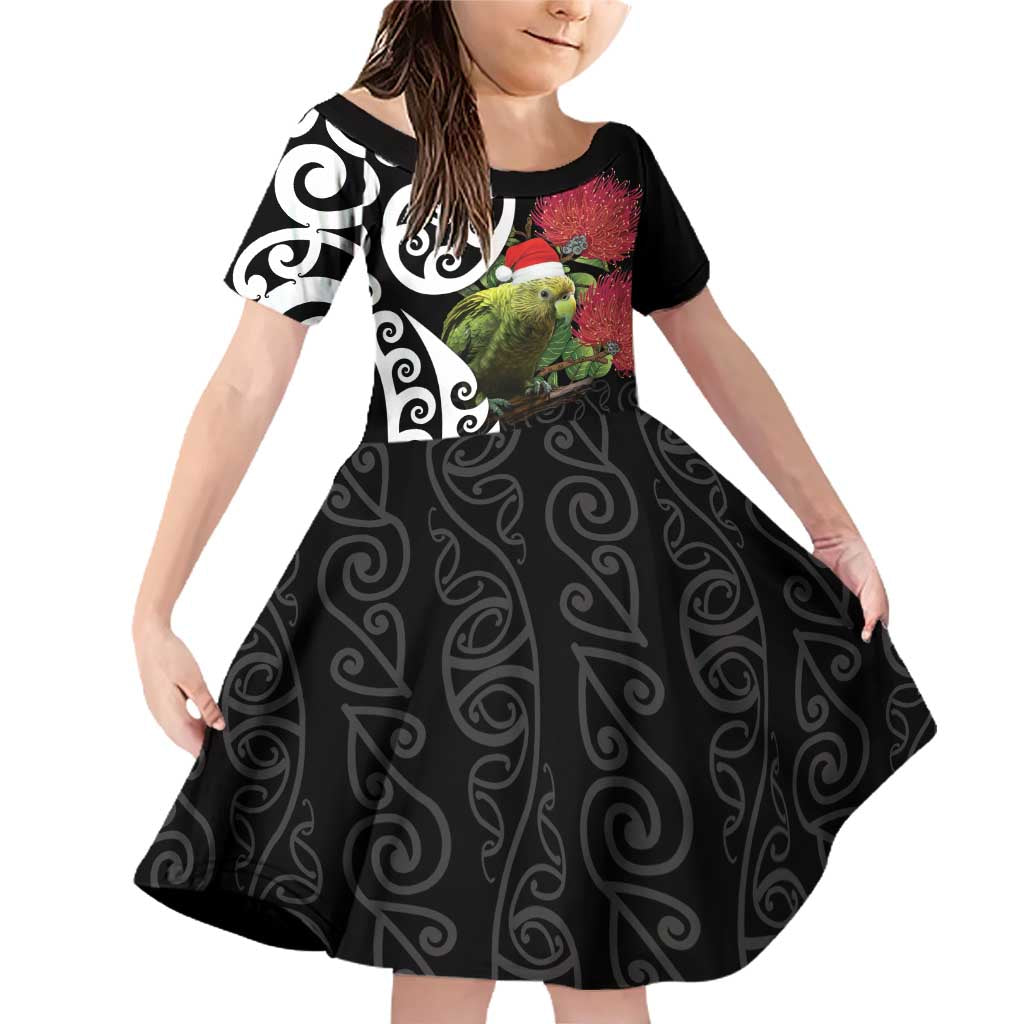 New Zealand Kakapo Christmas Family Matching Off Shoulder Short Dress and Hawaiian Shirt Meri Kirihimete Pohutukawa Flowers LT9 Daughter's Dress Black - Polynesian Pride