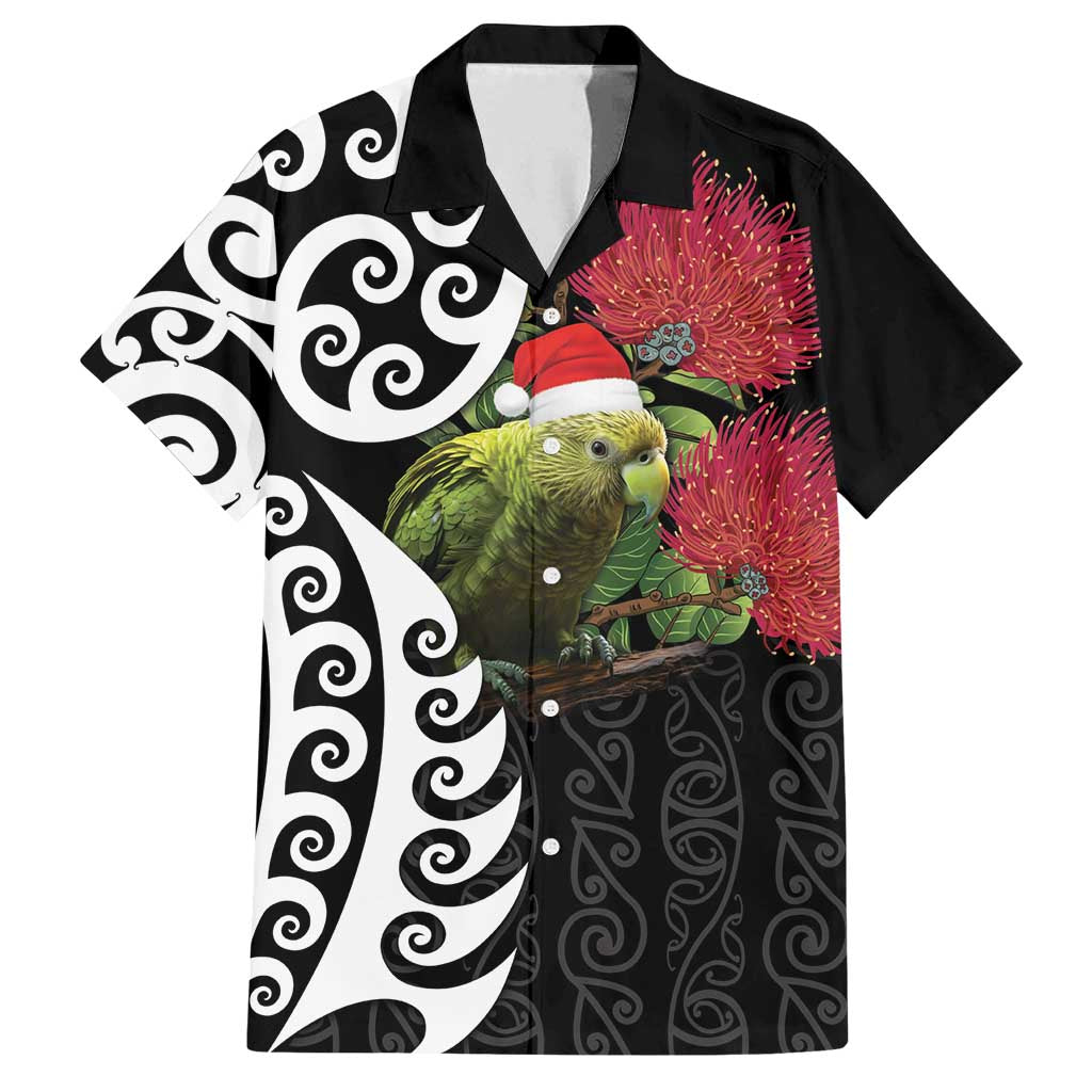 New Zealand Kakapo Christmas Family Matching Off Shoulder Short Dress and Hawaiian Shirt Meri Kirihimete Pohutukawa Flowers LT9 Dad's Shirt - Short Sleeve Black - Polynesian Pride