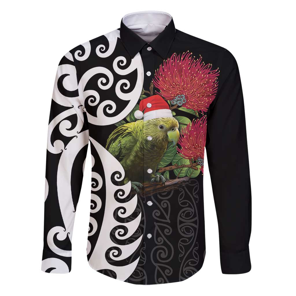 New Zealand Kakapo Christmas Family Matching Puletasi and Hawaiian Shirt Meri Kirihimete Pohutukawa Flowers LT9 Dad's Shirt - Long Sleeve Black - Polynesian Pride