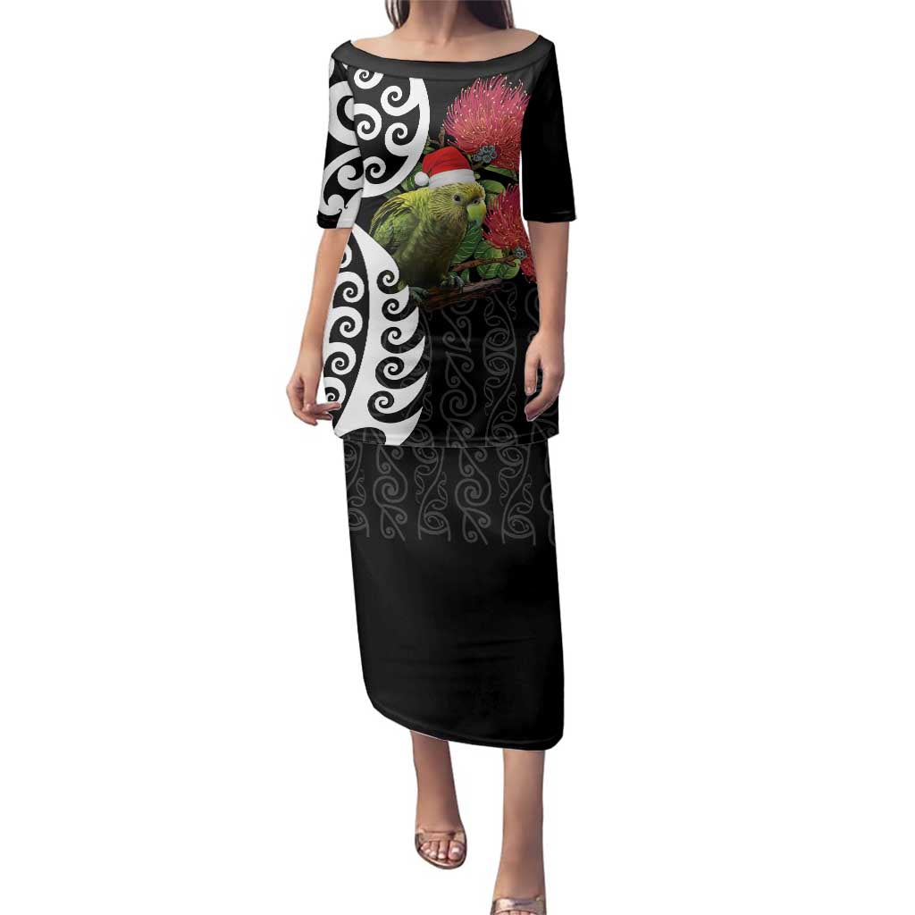 New Zealand Kakapo Christmas Family Matching Puletasi and Hawaiian Shirt Meri Kirihimete Pohutukawa Flowers LT9 Mom's Dress Black - Polynesian Pride