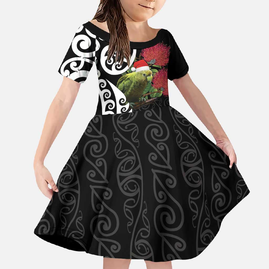 New Zealand Kakapo Christmas Family Matching Short Sleeve Bodycon Dress and Hawaiian Shirt Meri Kirihimete Pohutukawa Flowers LT9 Daughter's Dress Black - Polynesian Pride