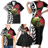 New Zealand Kakapo Christmas Family Matching Short Sleeve Bodycon Dress and Hawaiian Shirt Meri Kirihimete Pohutukawa Flowers LT9 - Polynesian Pride