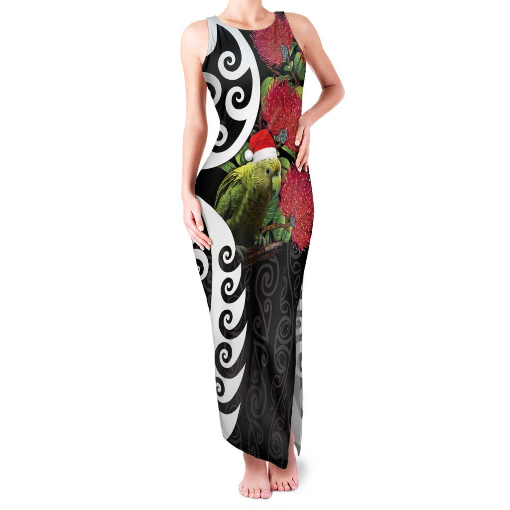New Zealand Kakapo Christmas Family Matching Tank Maxi Dress and Hawaiian Shirt Meri Kirihimete Pohutukawa Flowers LT9 Mom's Dress Black - Polynesian Pride