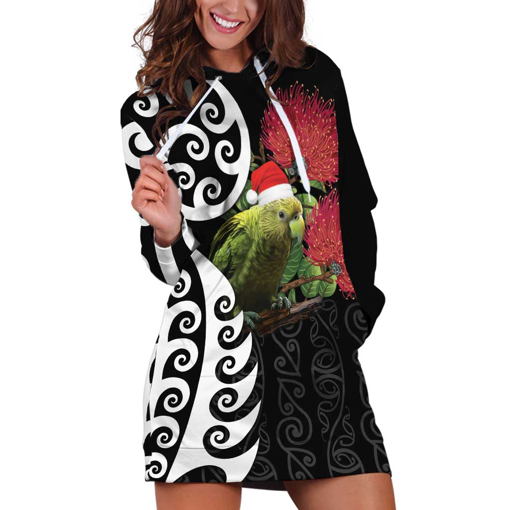 New Zealand Kakapo Christmas Hoodie Dress Meri Kirihimete Pohutukawa Flowers LT9 Black - Polynesian Pride