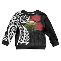 New Zealand Kakapo Christmas Kid Ugly Christmas Sweater Meri Kirihimete Pohutukawa Flowers LT9 Kid Black - Polynesian Pride