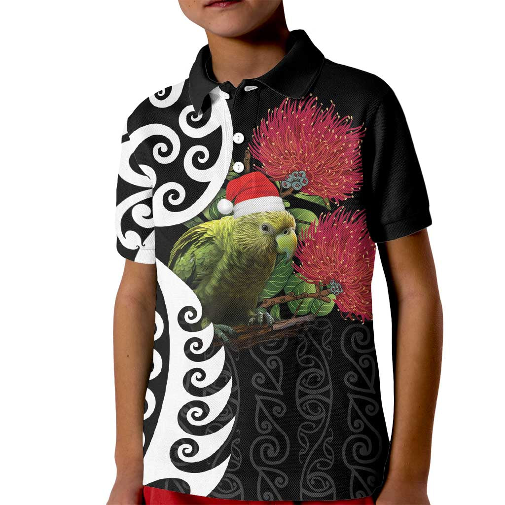 New Zealand Kakapo Christmas Kid Polo Shirt Meri Kirihimete Pohutukawa Flowers LT9 Kid Black - Polynesian Pride
