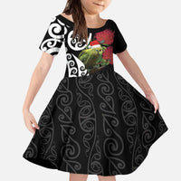 New Zealand Kakapo Christmas Kid Short Sleeve Dress Meri Kirihimete Pohutukawa Flowers LT9 KID Black - Polynesian Pride