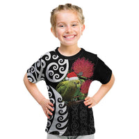 New Zealand Kakapo Christmas Kid T Shirt Meri Kirihimete Pohutukawa Flowers LT9 Black - Polynesian Pride