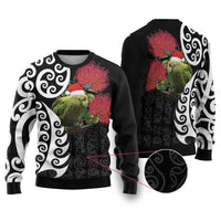 New Zealand Kakapo Christmas Ugly Christmas Sweater Meri Kirihimete Pohutukawa Flowers LT9 Black - Polynesian Pride