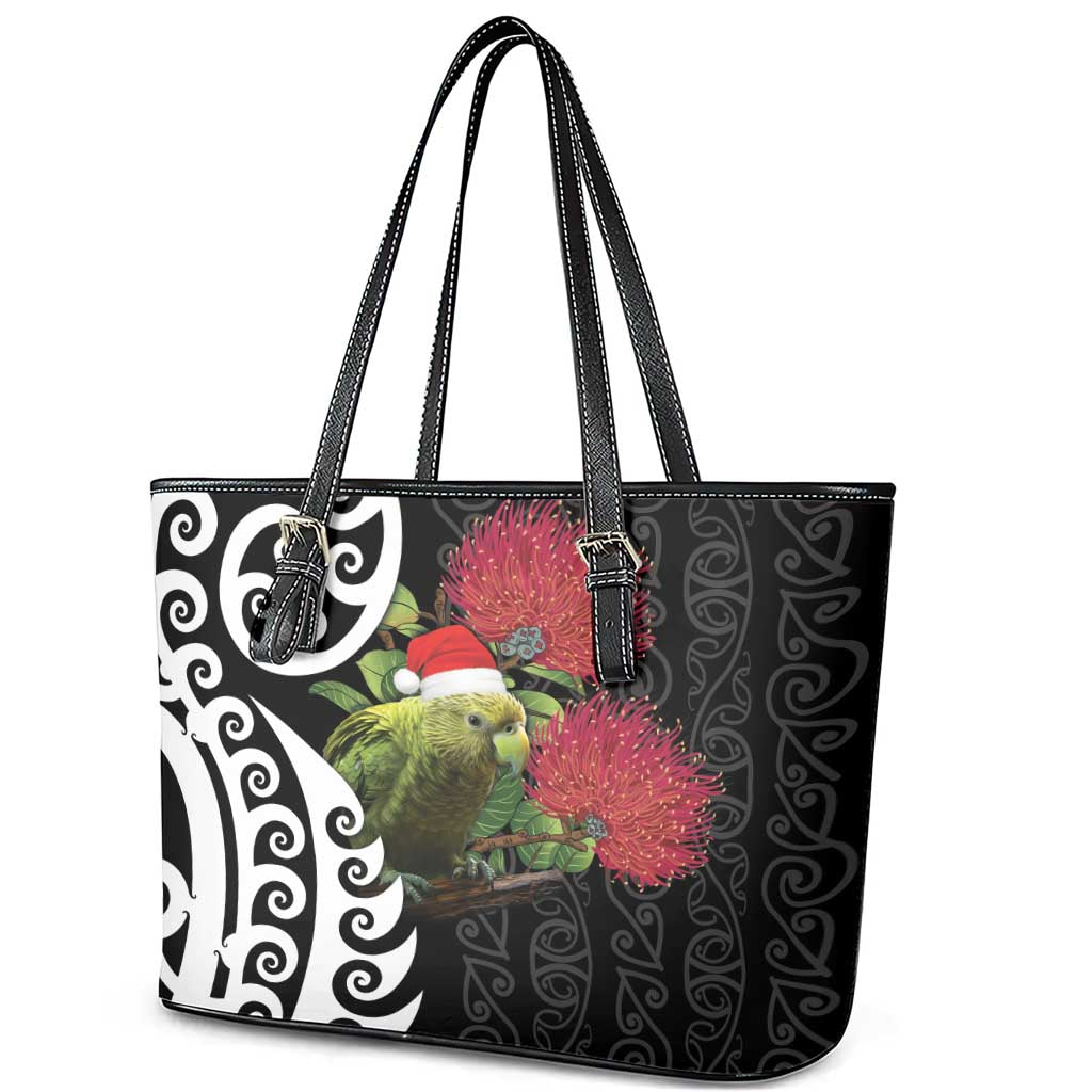 New Zealand Kakapo Christmas Leather Tote Bag Meri Kirihimete Pohutukawa Flowers LT9 - Polynesian Pride