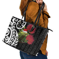 New Zealand Kakapo Christmas Leather Tote Bag Meri Kirihimete Pohutukawa Flowers LT9 - Polynesian Pride