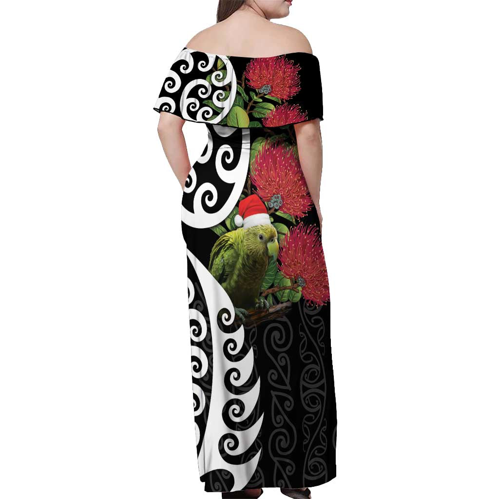 New Zealand Kakapo Christmas Off Shoulder Maxi Dress Meri Kirihimete Pohutukawa Flowers LT9 - Polynesian Pride