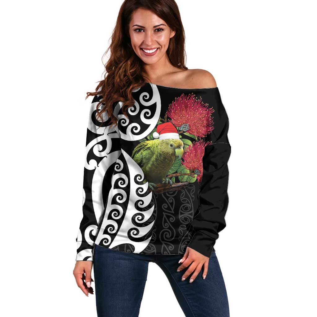 New Zealand Kakapo Christmas Off Shoulder Sweater Meri Kirihimete Pohutukawa Flowers LT9 Women Black - Polynesian Pride