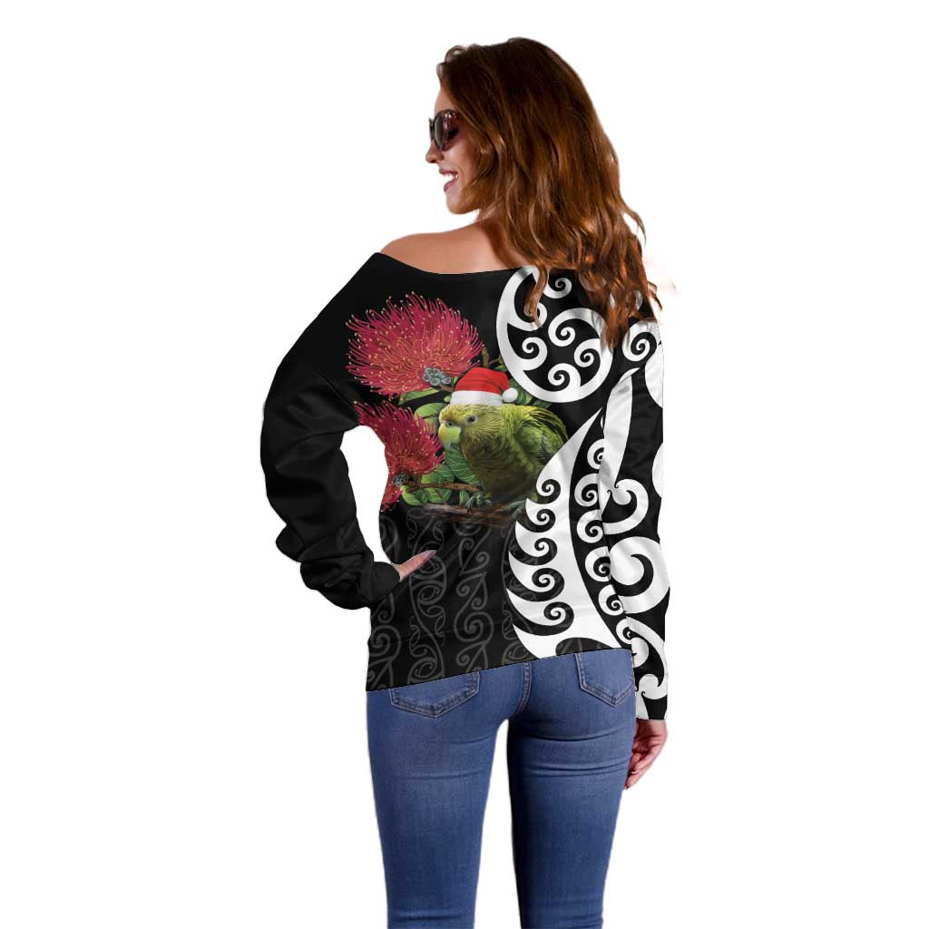 New Zealand Kakapo Christmas Off Shoulder Sweater Meri Kirihimete Pohutukawa Flowers LT9 - Polynesian Pride