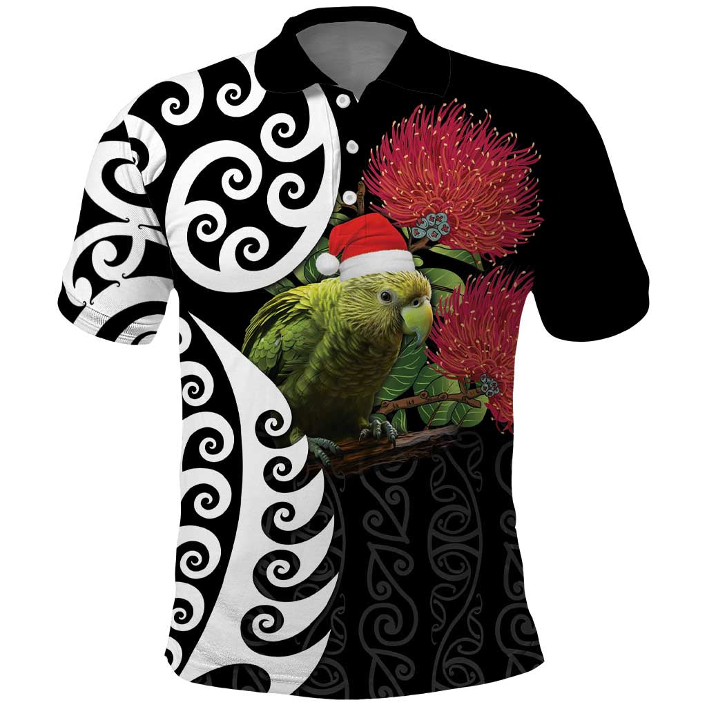 New Zealand Kakapo Christmas Polo Shirt Meri Kirihimete Pohutukawa Flowers LT9 Black - Polynesian Pride