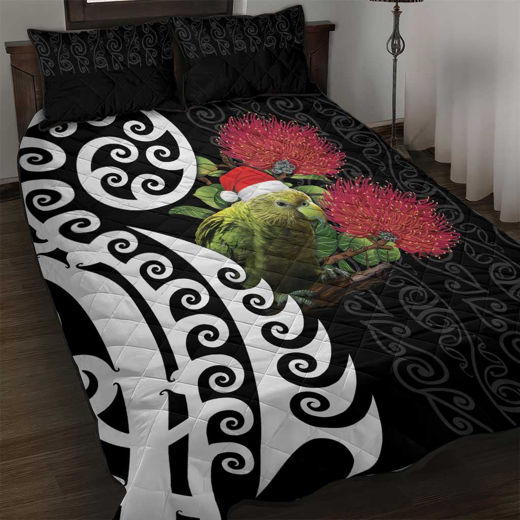 New Zealand Kakapo Christmas Quilt Bed Set Meri Kirihimete Pohutukawa Flowers LT9 Black - Polynesian Pride
