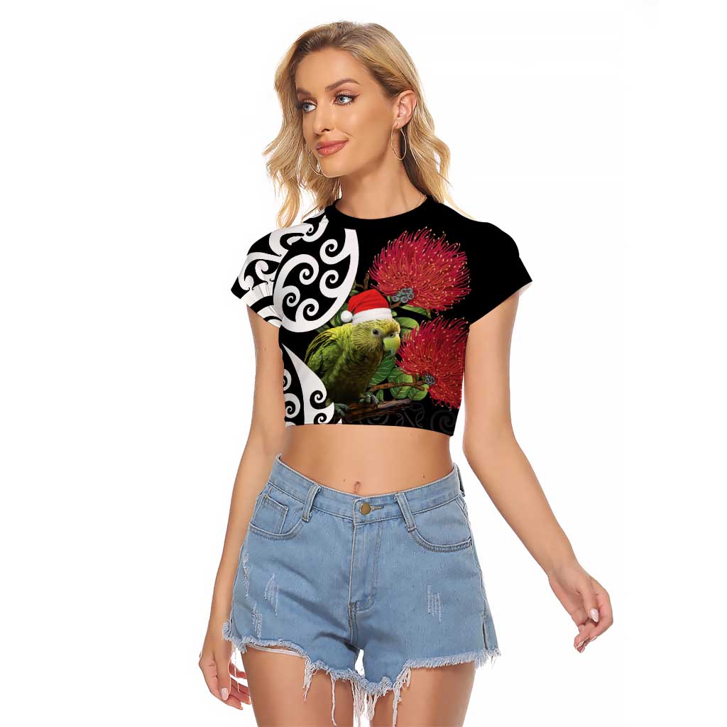New Zealand Kakapo Christmas Raglan Cropped T Shirt Meri Kirihimete Pohutukawa Flowers LT9 Female Black - Polynesian Pride