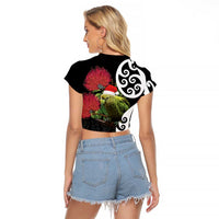 New Zealand Kakapo Christmas Raglan Cropped T Shirt Meri Kirihimete Pohutukawa Flowers LT9 - Polynesian Pride