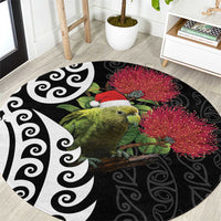 New Zealand Kakapo Christmas Round Carpet Meri Kirihimete Pohutukawa Flowers LT9 Black - Polynesian Pride