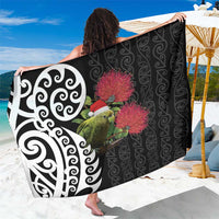 New Zealand Kakapo Christmas Sarong Meri Kirihimete Pohutukawa Flowers LT9 One Size 44 x 66 inches Black - Polynesian Pride