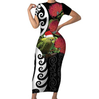 New Zealand Kakapo Christmas Short Sleeve Bodycon Dress Meri Kirihimete Pohutukawa Flowers LT9 Long Dress Black - Polynesian Pride
