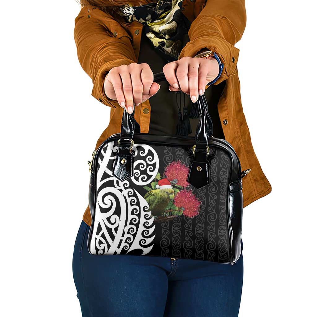 New Zealand Kakapo Christmas Shoulder Handbag Meri Kirihimete Pohutukawa Flowers LT9 One Size Black - Polynesian Pride