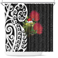 New Zealand Kakapo Christmas Shower Curtain Meri Kirihimete Pohutukawa Flowers LT9 Black - Polynesian Pride
