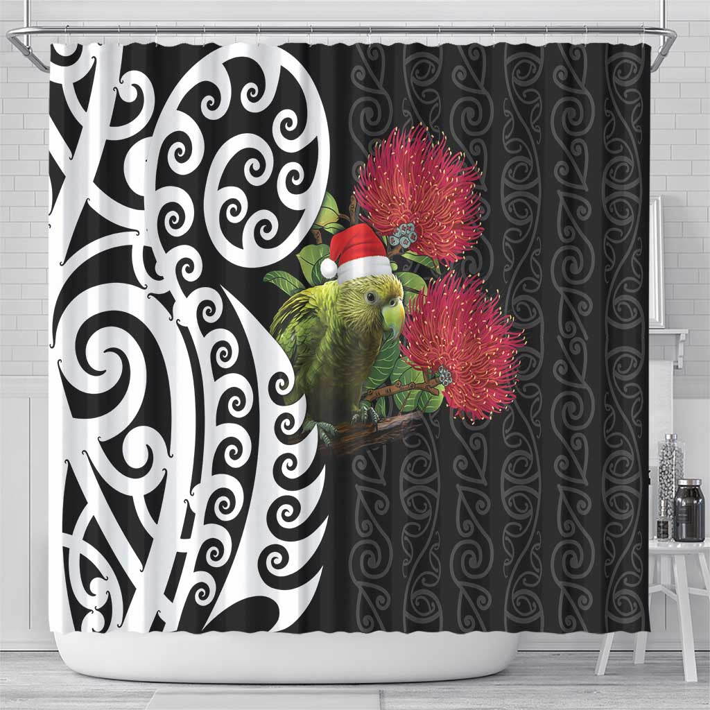 New Zealand Kakapo Christmas Shower Curtain Meri Kirihimete Pohutukawa Flowers LT9 - Polynesian Pride