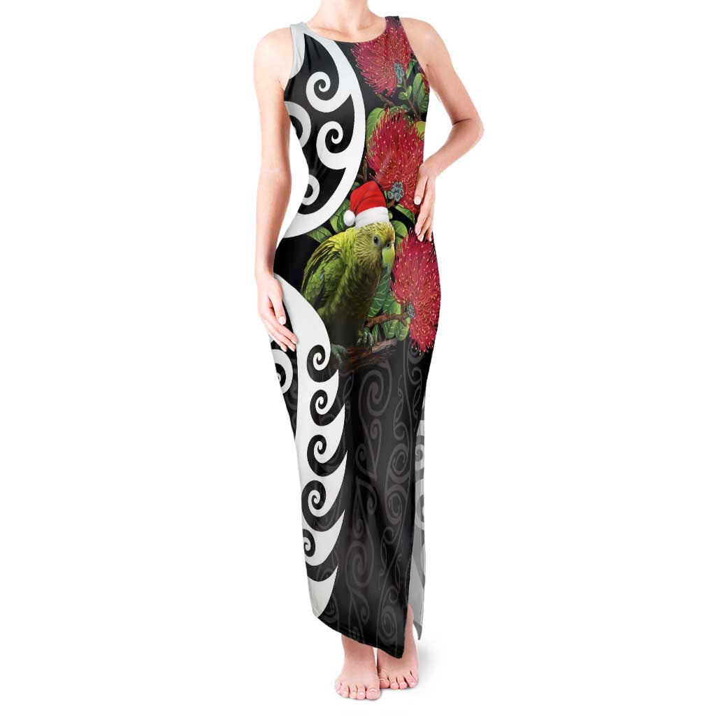 New Zealand Kakapo Christmas Tank Maxi Dress Meri Kirihimete Pohutukawa Flowers LT9 Women Black - Polynesian Pride