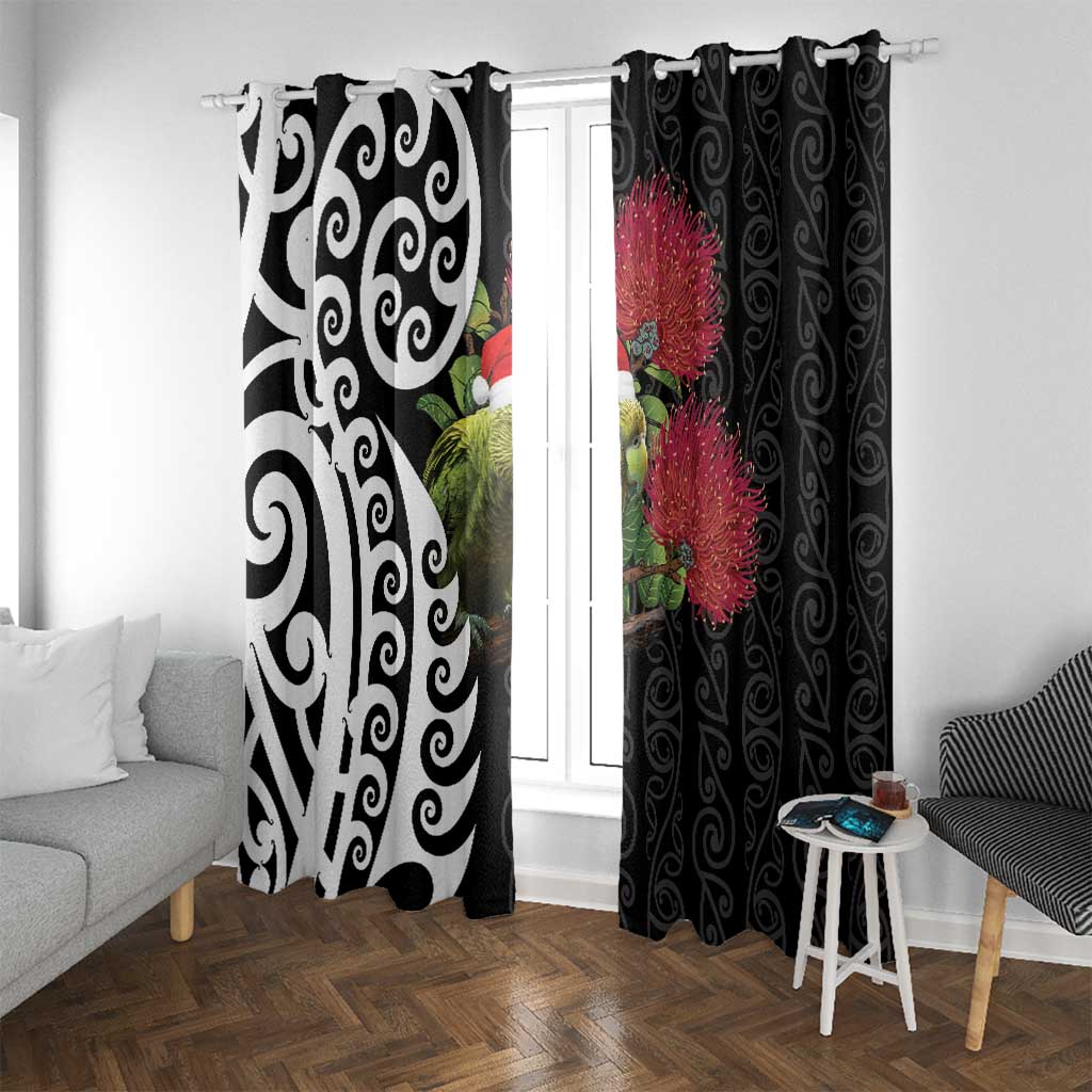New Zealand Kakapo Christmas Window Curtain Meri Kirihimete Pohutukawa Flowers LT9 With Grommets Black - Polynesian Pride