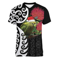 New Zealand Kakapo Christmas Women V-Neck T-Shirt Meri Kirihimete Pohutukawa Flowers LT9 Female Black - Polynesian Pride