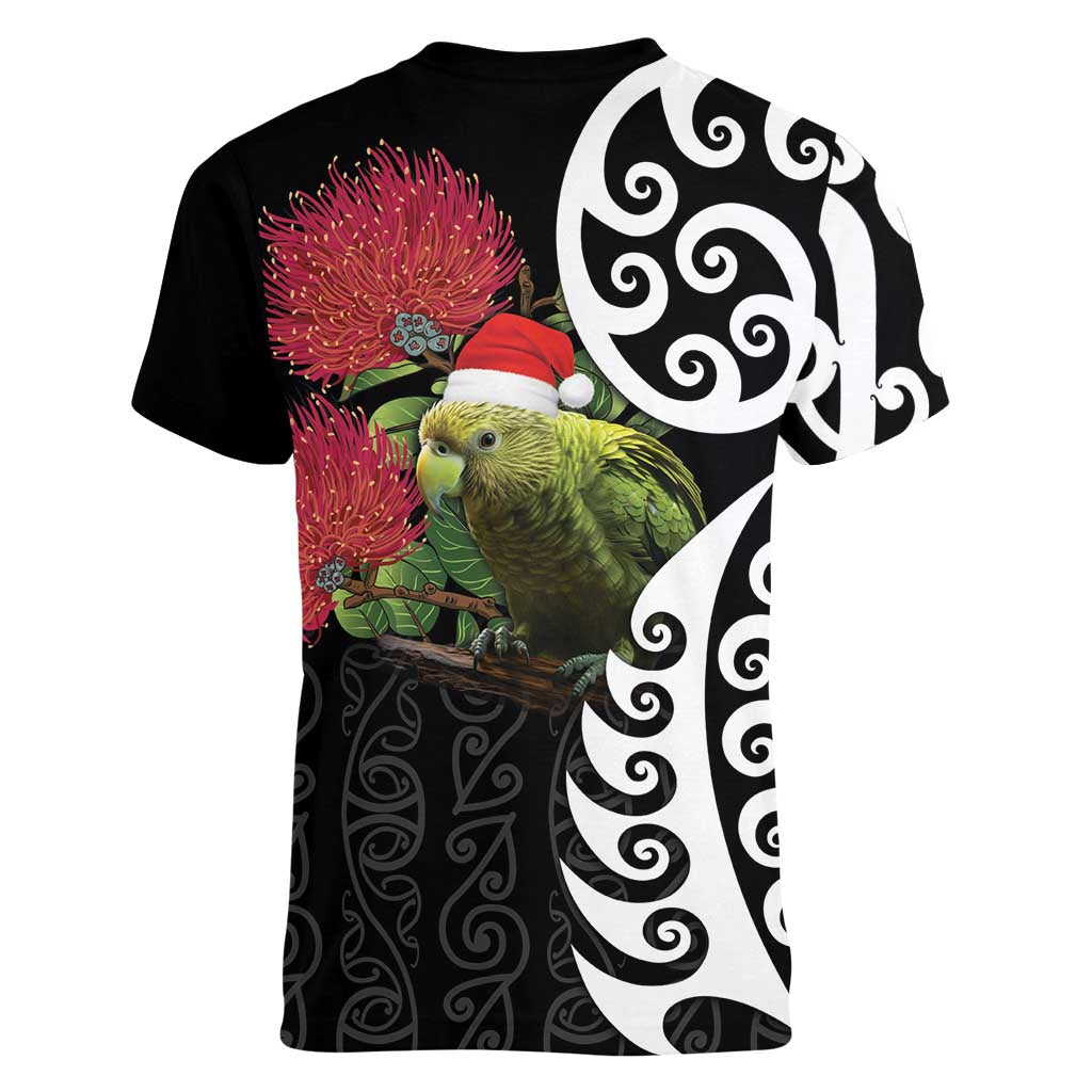 New Zealand Kakapo Christmas Women V-Neck T-Shirt Meri Kirihimete Pohutukawa Flowers LT9 - Polynesian Pride