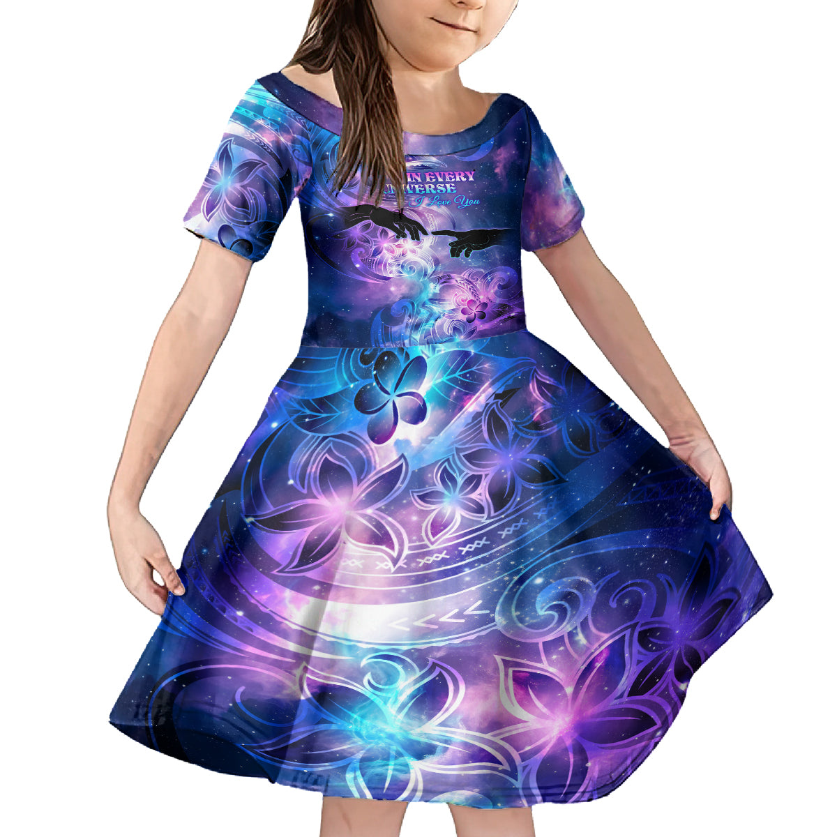 I Love You In Every Universe Personalised Family Matching Off Shoulder Short Dress and Hawaiian Shirt Polynesian Pattern Galaxy Style LT9 Daughter's Dress Galaxy - Polynesian Pride