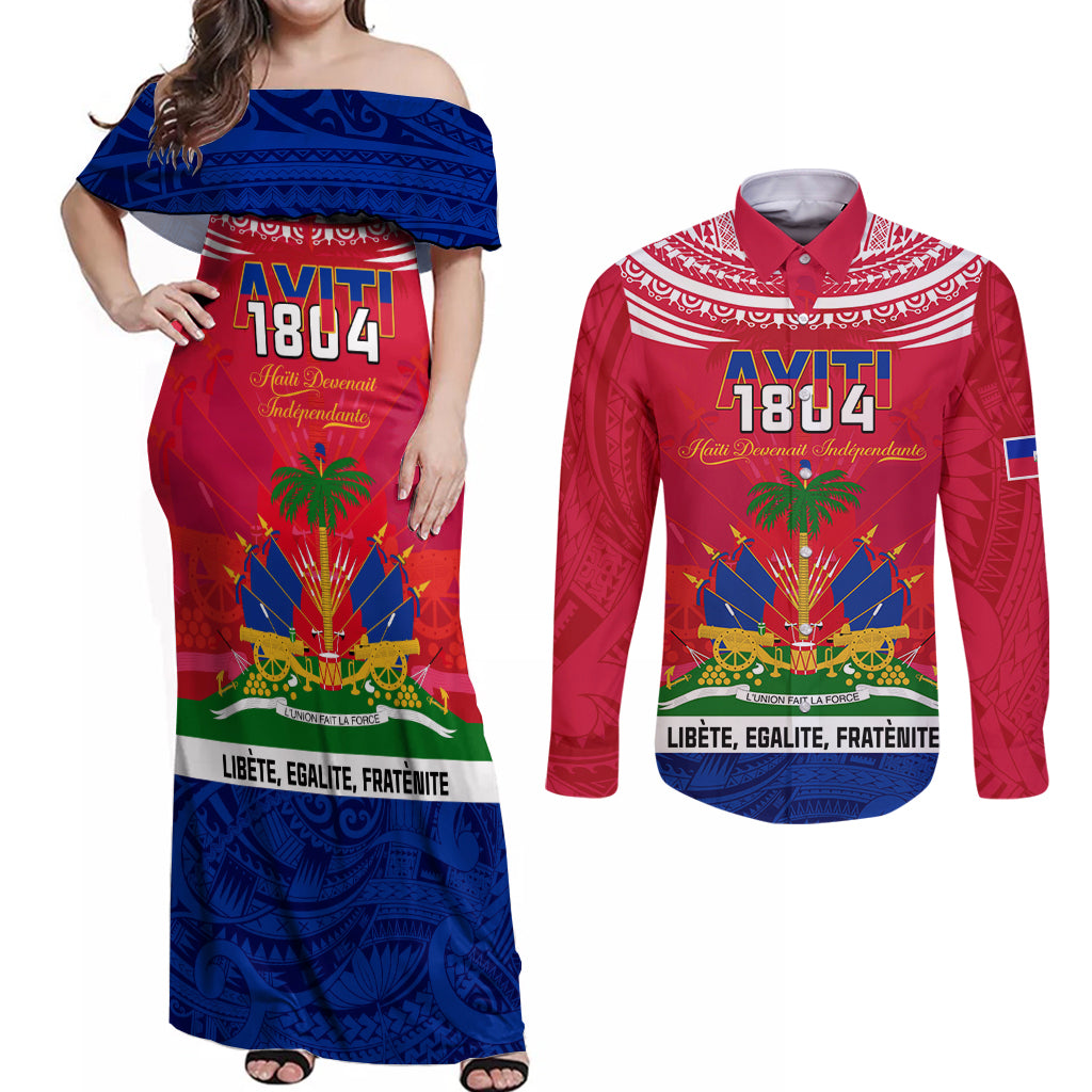 Haiti Independence Day Couples Matching Off Shoulder Maxi Dress and Long Sleeve Button Shirt Libete Egalite Fratenite Ayiti 1804 With Polynesian Pattern LT9 Red - Polynesian Pride