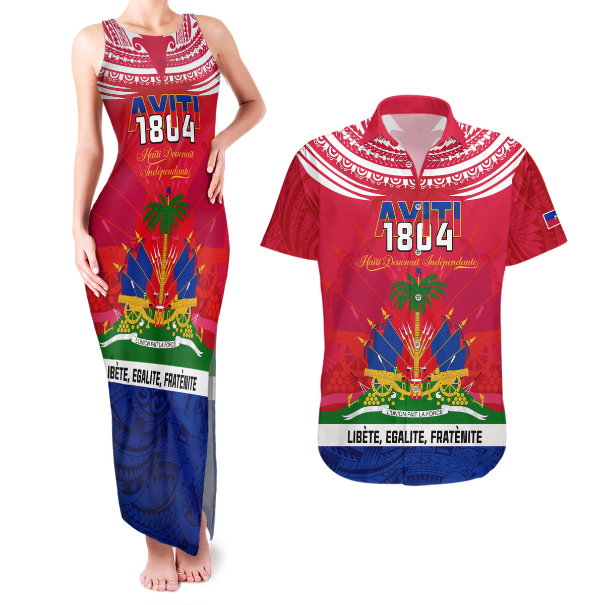Haiti Independence Day Couples Matching Tank Maxi Dress and Hawaiian Shirt Libete Egalite Fratenite Ayiti 1804 With Polynesian Pattern LT9 Red - Polynesian Pride