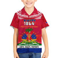 Haiti Independence Day Family Matching Off Shoulder Short Dress and Hawaiian Shirt Libete Egalite Fratenite Ayiti 1804 With Polynesian Pattern LT9 Son's Shirt Red - Polynesian Pride