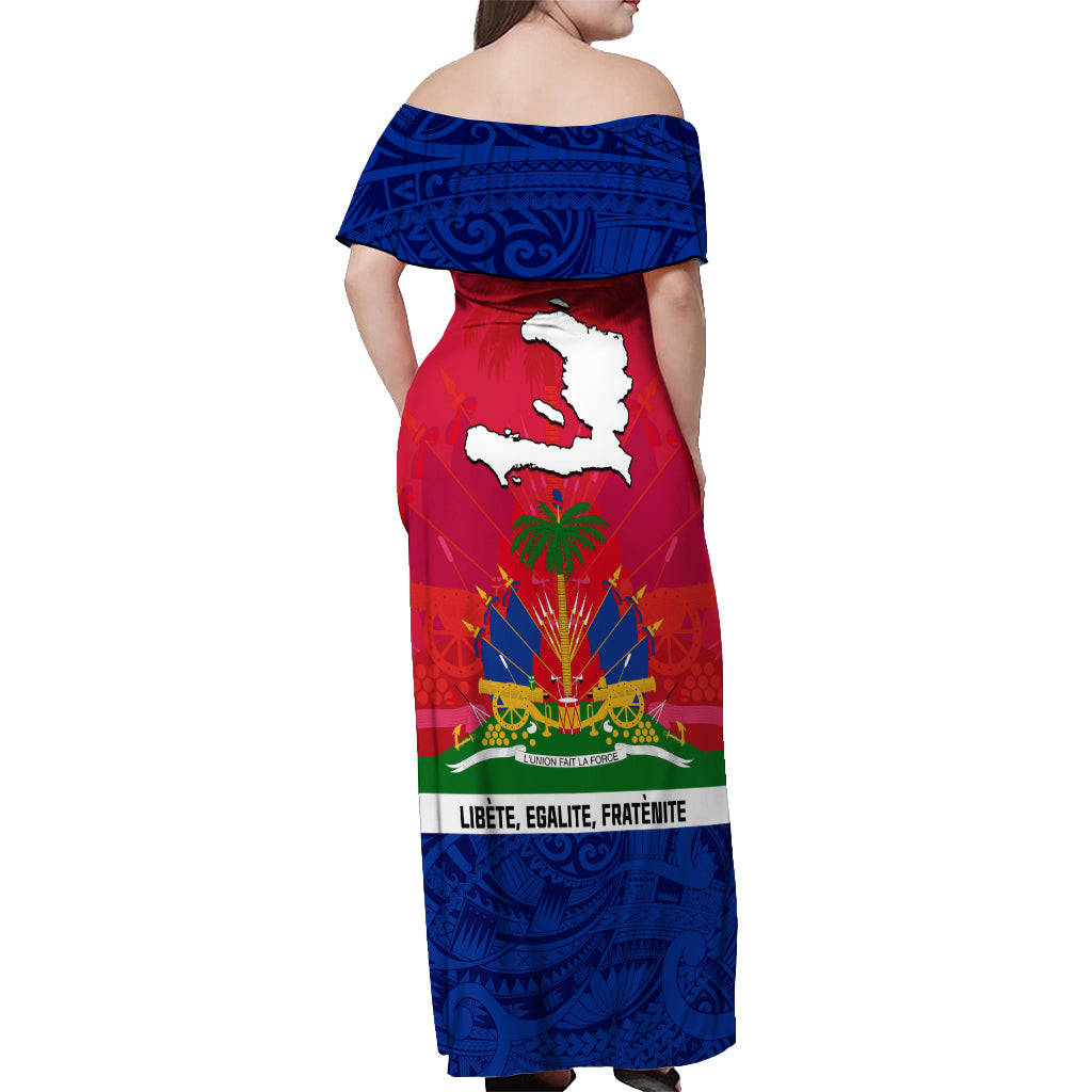 Haiti Independence Day Off Shoulder Maxi Dress Libete Egalite Fratenite Ayiti 1804 With Polynesian Pattern LT9 - Polynesian Pride