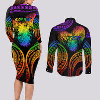 Personalised Its In My DNA Valentine Day Couples Matching Long Sleeve Bodycon Dress and Long Sleeve Button Shirt Fingerprint Heart with Color Pride Flag LT9 - Polynesian Pride