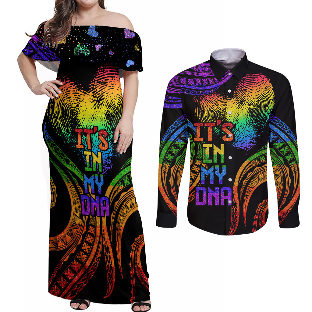 Personalised Its In My DNA Valentine Day Couples Matching Off Shoulder Maxi Dress and Long Sleeve Button Shirt Fingerprint Heart with Color Pride Flag LT9 No Dress - Polynesian Pride