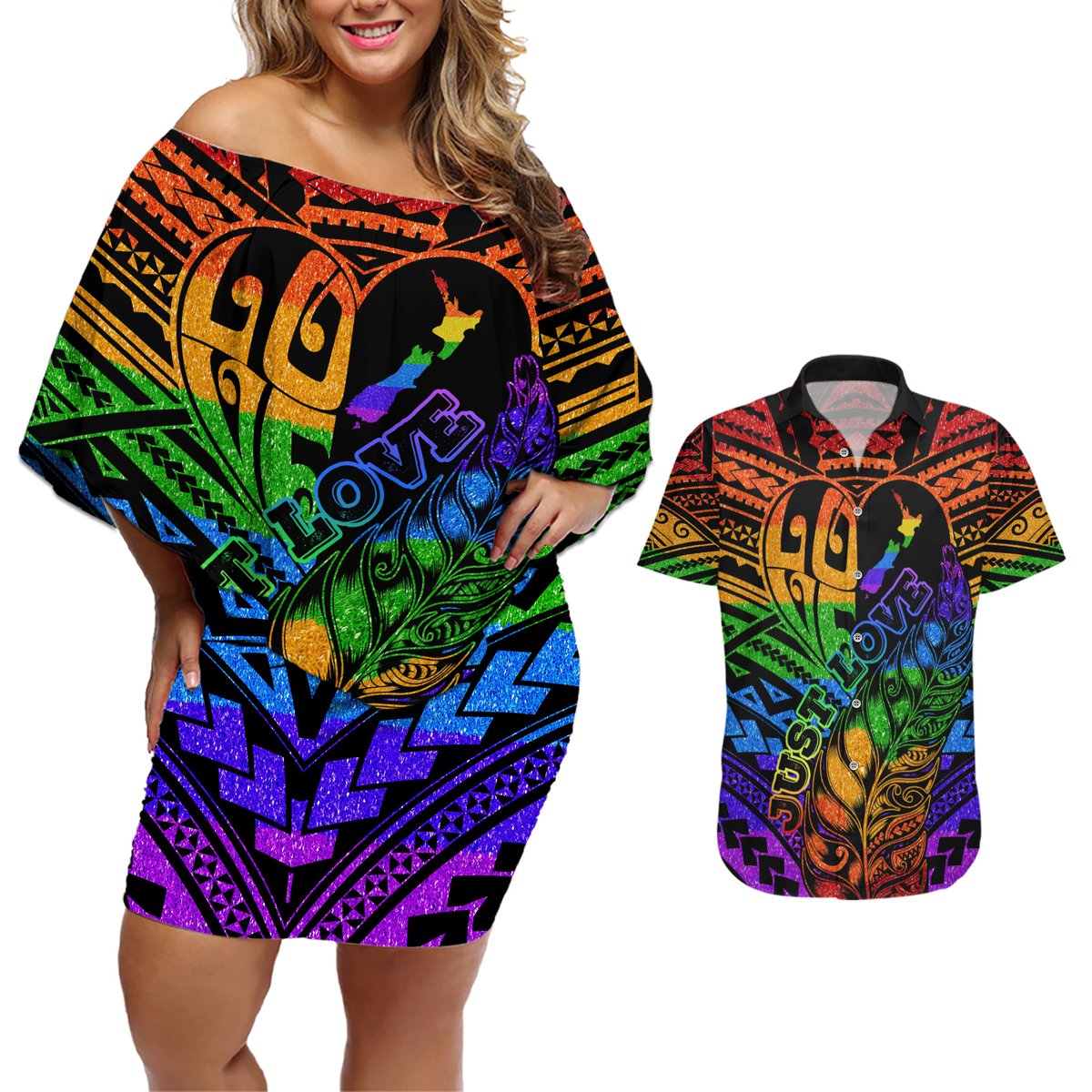 New Zealand LGBT Fern Heart Couples Matching Off Shoulder Short Dress and Hawaiian Shirt Dont judge What You Dont Understand LT9 No Dress - Polynesian Pride