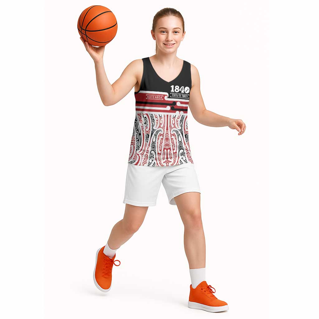 Personalised Toitu Te Tiriti Aotearoa 1840 Basketball Jersey Red Kowhaiwhai Puhoro LT9 - Polynesian Pride