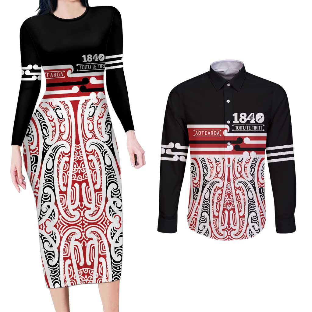 Personalised Toitu Te Tiriti Aotearoa 1840 Couples Matching Long Sleeve Bodycon Dress and Long Sleeve Button Shirt Red Kowhaiwhai Puhoro - Polynesian Pride