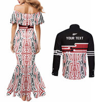 Personalised Toitu Te Tiriti Aotearoa 1840 Couples Matching Mermaid Dress and Long Sleeve Button Shirt Red Kowhaiwhai Puhoro LT9 - Polynesian Pride