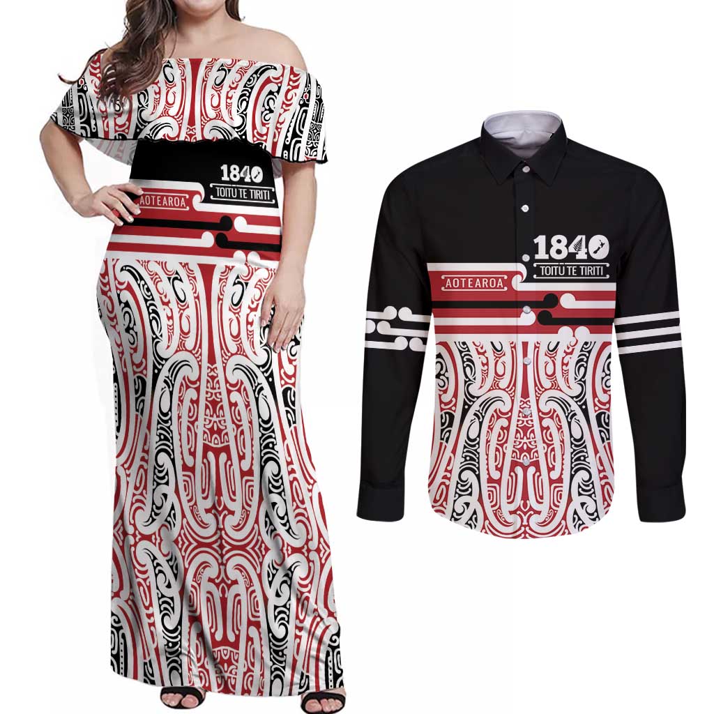 Personalised Toitu Te Tiriti Aotearoa 1840 Couples Matching Off Shoulder Maxi Dress and Long Sleeve Button Shirt Red Kowhaiwhai Puhoro LT9 Black - Polynesian Pride