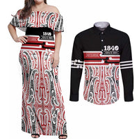 Personalised Toitu Te Tiriti Aotearoa 1840 Couples Matching Off Shoulder Maxi Dress and Long Sleeve Button Shirt Red Kowhaiwhai Puhoro LT9 Black - Polynesian Pride